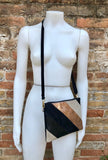 Small party bag in metallic shine leather. Black, beige and bronze cross body or shoulder bag in GENUINE leather. Adjustable strap.Disco 70s