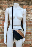 Small party bag in metallic shine leather. Black, beige and bronze cross body or shoulder bag in GENUINE leather. Adjustable strap.Disco 70s