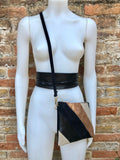 Leather bag + wrap belt set in metallic shine leather. Pink gold, beige and BLACK crosbody or shoulder bag + obi waist belt. Disco 70s purse