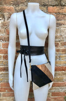 Leather bag + wrap belt set in metallic shine leather. Pink gold, beige and BLACK crosbody or shoulder bag + obi waist belt. Disco 70s purse