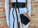 Leather bag + wrap belt set in metallic shine leather. Pink gold, beige and BLACK crosbody or shoulder bag + obi waist belt. Disco 70s purse