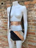 Leather bag + wrap belt set in metallic shine leather. Pink gold, beige and BLACK crosbody or shoulder bag + obi waist belt. Disco 70s purse