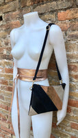 Leather bag + wrap belt set in metallic shine leather. Pink gold, beige and BLACK crosbody or shoulder bag + obi waist belt. Disco 70s purse