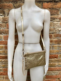 Small leather bag in GOLD .Cross body, shoulder bag or wristlet in GENUINE leather. Golden leather bag with adjustable strap. Gold purse