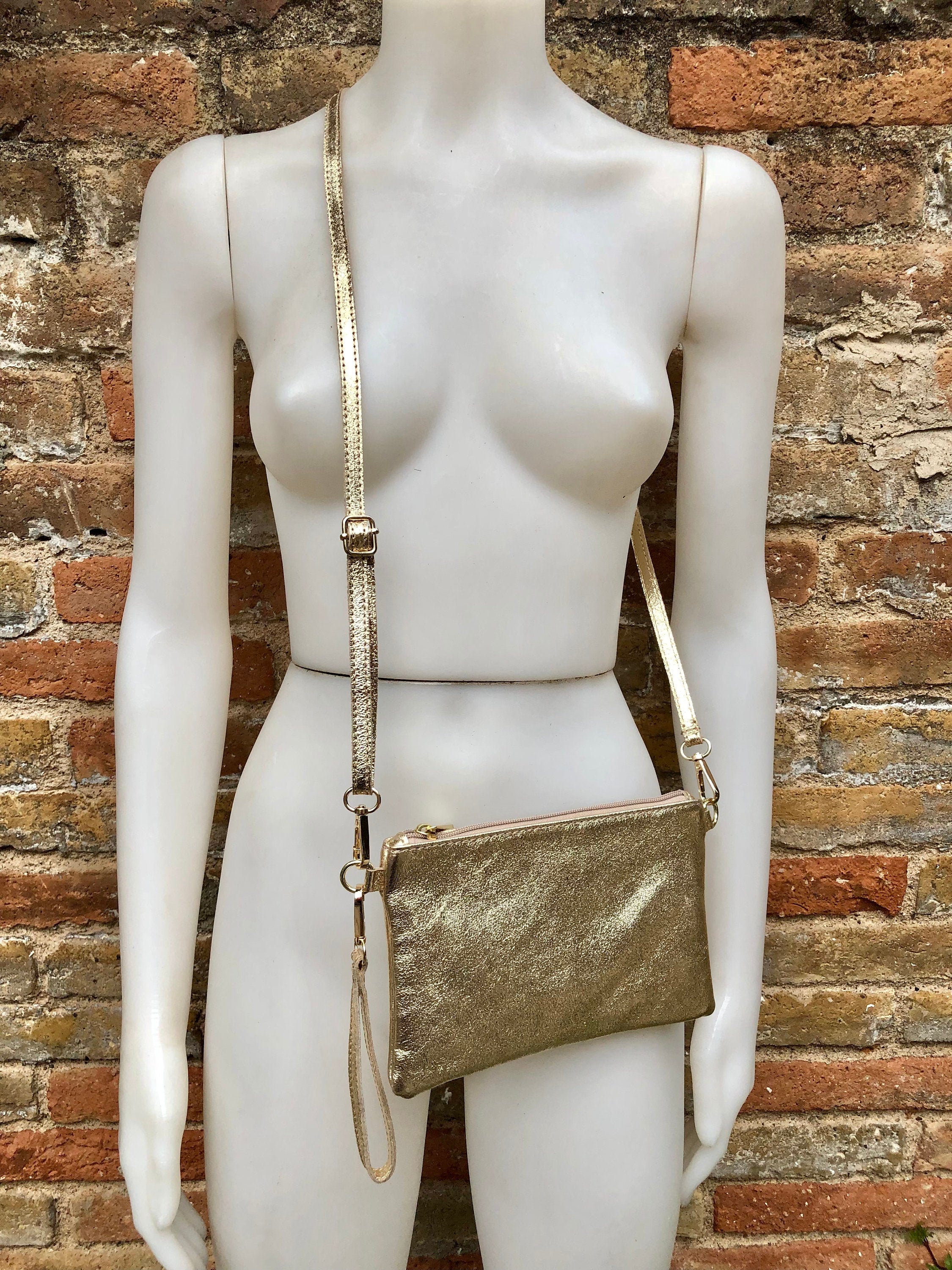 Small leather bag in GOLD .Cross body, shoulder bag or wristlet in GENUINE leather. Golden leather bag with adjustable strap. Gold purse