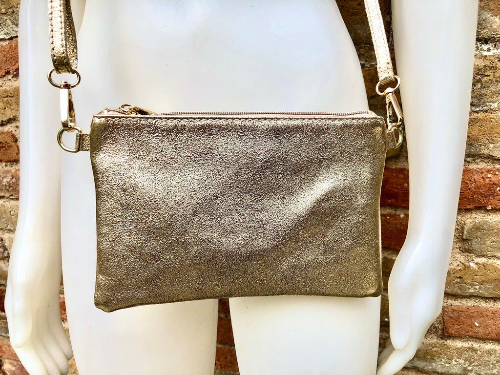 Small leather bag in GOLD .Cross body, shoulder bag or wristlet in GENUINE leather. Golden leather bag with adjustable strap. Gold purse