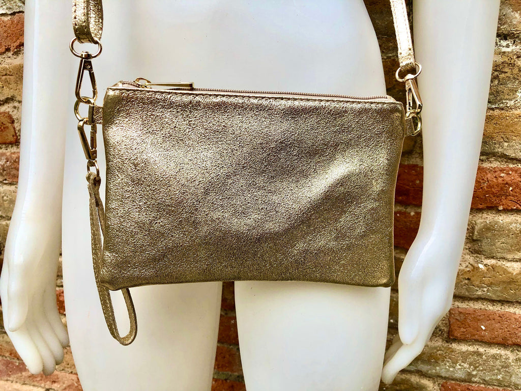 Small leather bag in GOLD .Cross body, shoulder bag or wristlet in GENUINE leather. Golden leather bag with adjustable strap. Gold purse