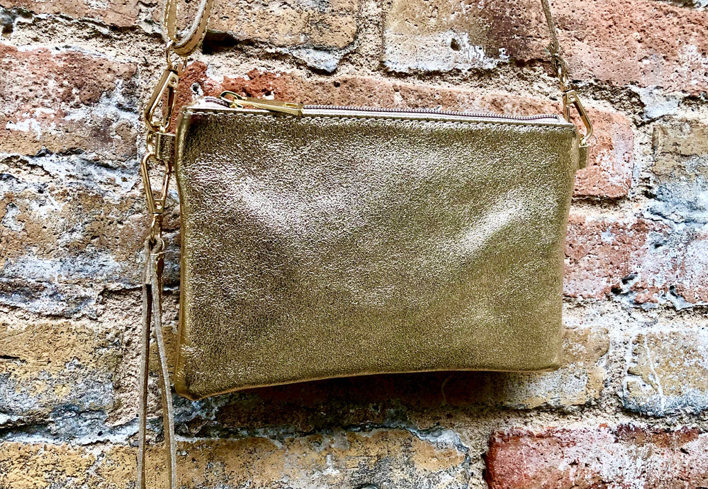 Small leather bag in GOLD .Cross body, shoulder bag or wristlet in GENUINE leather. Golden leather bag with adjustable strap. Gold purse
