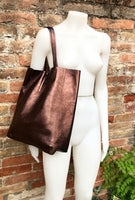 BROWN tote leather bag. Metallic effect genuine leather shopper. Large carry all bag for your laptop, books. Dark brown soft leather purse.