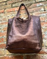 BROWN tote leather bag. Metallic effect genuine leather shopper. Large carry all bag for your laptop, books. Dark brown soft leather purse.