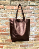 BROWN tote leather bag. Metallic effect genuine leather shopper. Large carry all bag for your laptop, books. Dark brown soft leather purse.