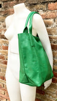 Bright GREEN tote leather bag. Genuine leather shopper. Large carry all bag for your laptop / books. GREEN leather shoulder bag. Green purse