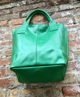Bright GREEN tote leather bag. Genuine leather shopper. Large carry all bag for your laptop / books. GREEN leather shoulder bag. Green purse