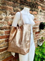 PINK GOLD tote leather bag with ZIPPER. Genuine leather shopper. Large carry all bag for your laptop / books. Metallic pink leather purse.