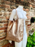 PINK GOLD tote leather bag. Genuine leather shopper. Large carry all bag for your laptop / books. Metallic pink leather purse. Rose gold bag