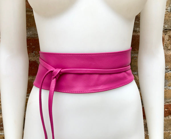 Wraparound belt in soft leather. FUCHSIA pink wrap belt. Longer option. Genuine leather pink belt. Boho dress belt, hot pink leather sash