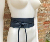 Wraparound belt in soft leather. NAVY blue wrap belt. Longer style. Genuine leather NAVY wrap belt. Boho dress belt, dark BLUE leather sash