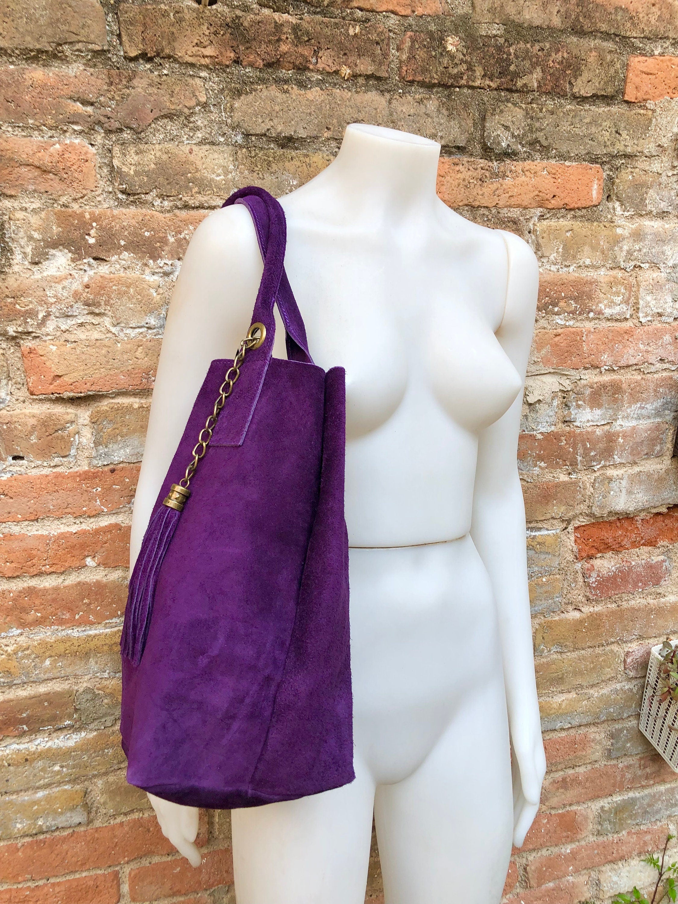 PURPLE leather shopper bag in genuine suede. Slouchy PURPLE color carry all tote bag for laptop, tablet, books. Purple leather purse