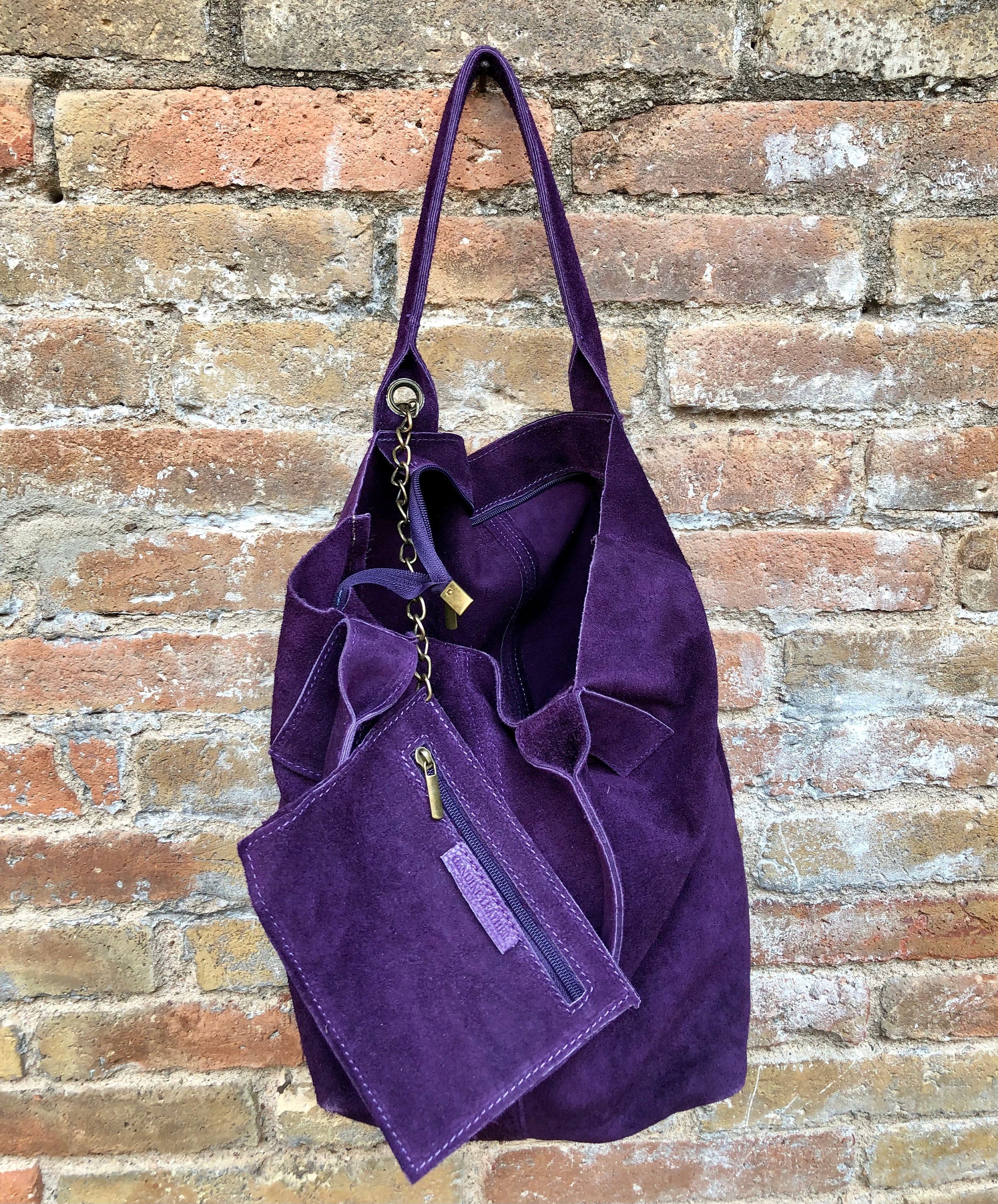 PURPLE leather shopper bag in genuine suede. Slouchy PURPLE color carry all tote bag for laptop, tablet, books. Purple leather purse