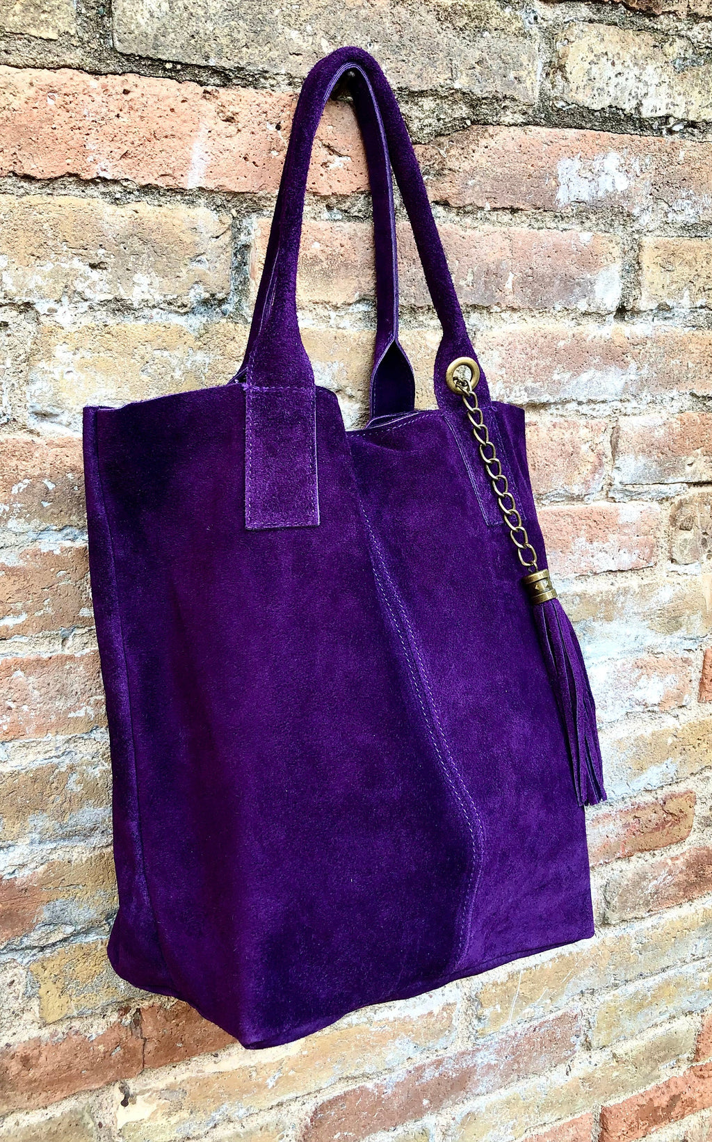 PURPLE leather shopper bag in genuine suede. Slouchy PURPLE color carry all tote bag for laptop, tablet, books. Purple leather purse
