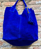 Cobalt BLUE leather shopper bag in genuine suede. Slouchy BLUE carry all tote bag for laptop, tablet, books. Royal BLUE leather purse