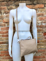 BEIGE small leather bag. GENUINE leather cross body or shoulder bag / wristlet. Dark beige bag + adjustable strap. Cafe au lait beige purse.