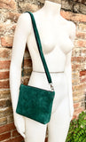 Green suede leather bag. Cross body bag, shoulder bag in GENUINE leather. Small leather bag with adjustable strap and zipper. Green purse