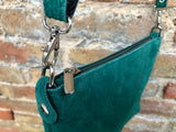 Green suede leather bag. Cross body bag, shoulder bag in GENUINE leather. Small leather bag with adjustable strap and zipper. Green purse