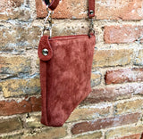 TERRACOTTA suede leather bag. GENUINE leather crossbody / shoulder bag. Small suede bag with adjustable strap + zipper. Orange - brown purse