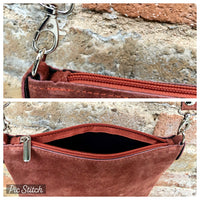 TERRACOTTA suede leather bag. GENUINE leather crossbody / shoulder bag. Small suede bag with adjustable strap + zipper. Orange - brown purse