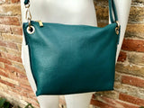 GREEN leather bag. Green cross body / shoulder bag. Genuine leather purse with adjustable strap and zipper. Soft leather bag