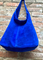 Large leather bag in COBALT blue. Soft natural suede genuine leather bag. Slouchy bag. Blue suedepurse. Blue TOTE , shopper bag