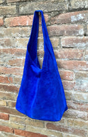 Large leather bag in COBALT blue. Soft natural suede genuine leather bag. Slouchy bag. Blue suedepurse. Blue TOTE , shopper bag