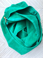 Large TOTE leather bag in GREEN with ZIPPER. Soft natural suede genuine leather shopper. Bohemian bag. Green suede slouch bag. Carry all bag