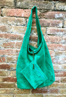 Large TOTE leather bag in GREEN with ZIPPER. Soft natural suede genuine leather shopper. Bohemian bag. Green suede slouch bag. Carry all bag