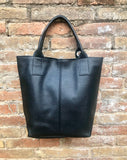 BLACK tote leather shopper in GENUINE leather. Large carry all tote bag for your laptop, books. Leather shopper w/ lining + zipper