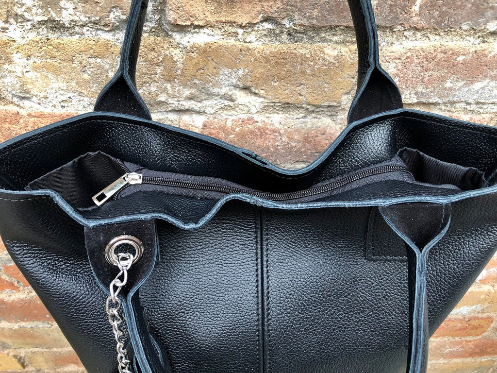 BLACK tote leather shopper in GENUINE leather. Large carry all tote bag for your laptop, books. Leather shopper w/ lining + zipper