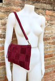 Burgundy suede leather bag . Genuine leather cross body / shoulder bag. Small wine red leather bag + adjustable strap and zipper. Red purse