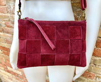 Burgundy leather bag. 2 straps: 1 embroidered guitar strap + 1 suede. Genuine leather cross body / shoulder bag. Small wine red suede purse