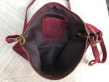 Burgundy leather bag. 2 straps: 1 embroidered guitar strap + 1 suede. Genuine leather cross body / shoulder bag. Small wine red suede purse