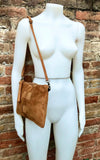 Camel brown suede leather bag . Cross body or shoulder bag in GENUINE leather. Small saddle brown SUEDE purse + adjustable strap and zipper