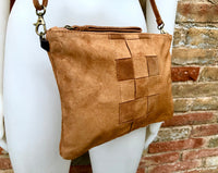 Camel brown suede leather bag . Cross body or shoulder bag in GENUINE leather. Small saddle brown SUEDE purse + adjustable strap and zipper