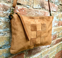 Camel brown suede leather bag . Cross body or shoulder bag in GENUINE leather. Small saddle brown SUEDE purse + adjustable strap and zipper