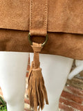 Cross body bag. Boho leather bag in CAMEL brown. Soft genuine suede leather. Crossover, messenger bag in suede. Saddle brown small bag