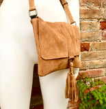 Cross body bag. Boho leather bag in CAMEL brown. Soft genuine suede leather. Crossover, messenger bag in suede. Saddle brown small bag