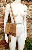 Cross body bag. Boho leather bag in CAMEL brown. Soft genuine suede leather. Crossover, messenger bag in suede. Saddle brown small bag