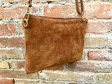 Cross body bag. Boho leather bag in CAMEL brown. Soft genuine suede leather. Crossover, messenger bag in suede. Saddle brown small bag