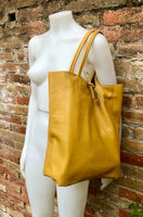 Mustard YELLOW tote leather bag. Soft natural GENUINE leather bag. Large yellow leather shopper with ZIPPER. Laptop or book bag in mustard.