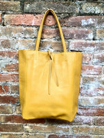 Mustard YELLOW tote leather bag. Soft natural GENUINE leather bag. Large yellow leather shopper with ZIPPER. Laptop or book bag in mustard.