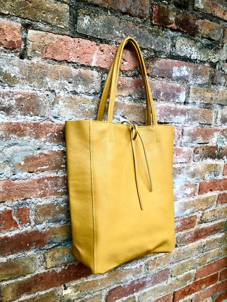 Mustard YELLOW tote leather bag. Soft natural GENUINE leather bag. Large yellow leather shopper with ZIPPER. Laptop or book bag in mustard.